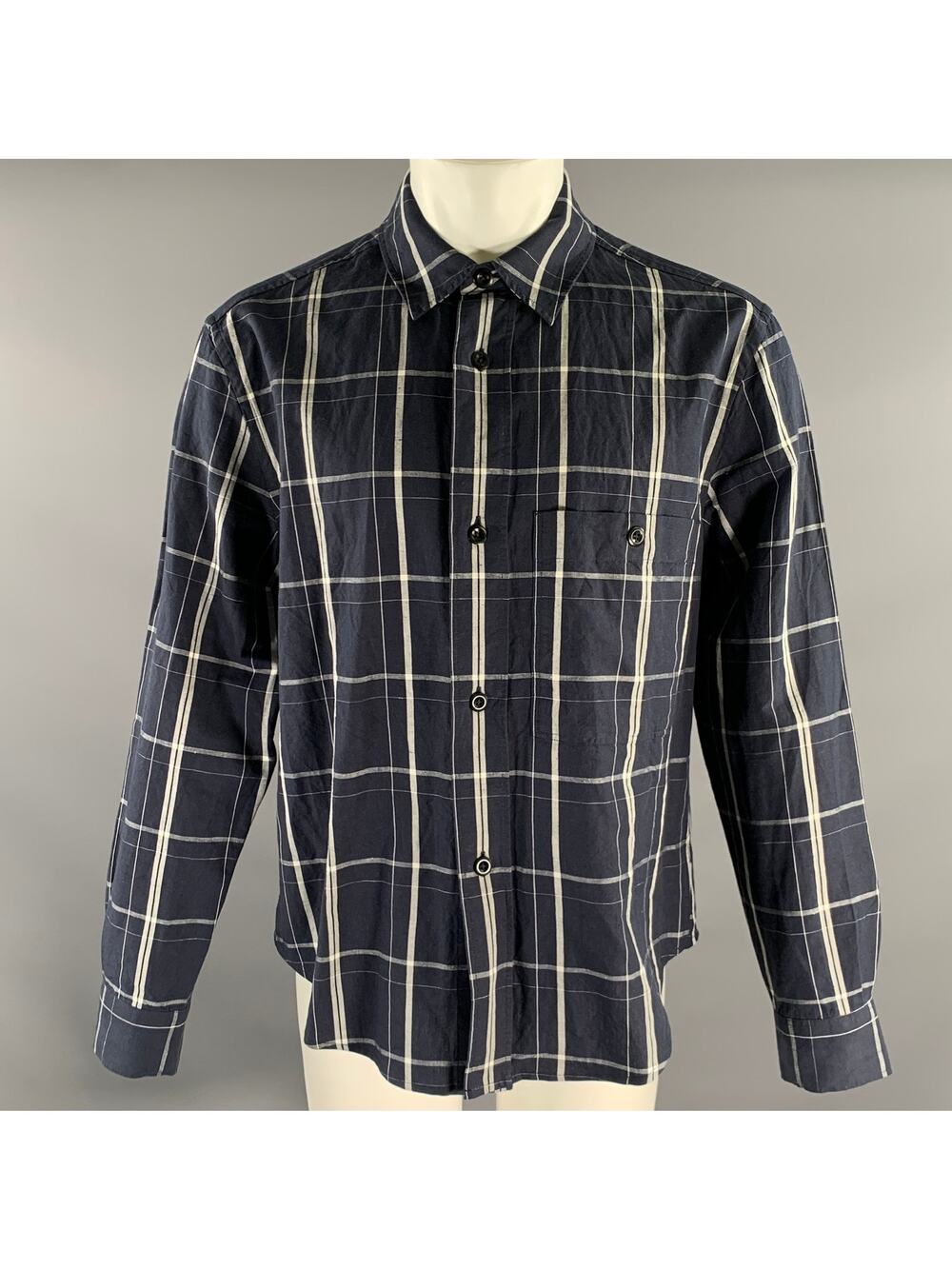 MARGARET HOWELL Size M White Navy Tartan Linen Cotton Wool Long Sleeve Shirt